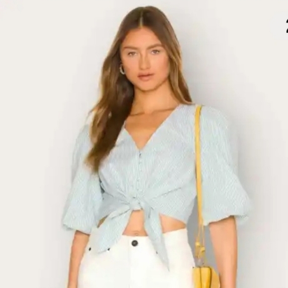 Jonathan Simkhai Ellen Blue White Stripe Cotton Oxford BabyDoll Puff Sleeve Top - Picture 2 of 16